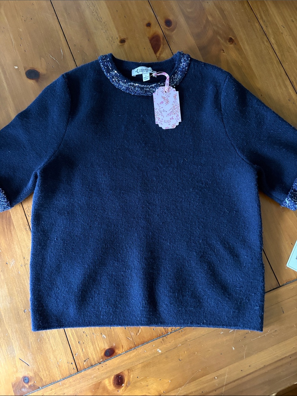 Nanette Lepore beaded holiday short sleeve navy blue sweater top size small NWT